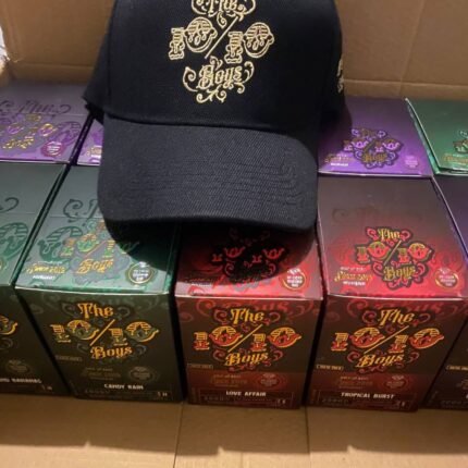 Black embroidered cap with decorative lettering