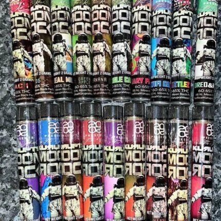 Assorted Moon Rock branded packaged products displayed in rows
